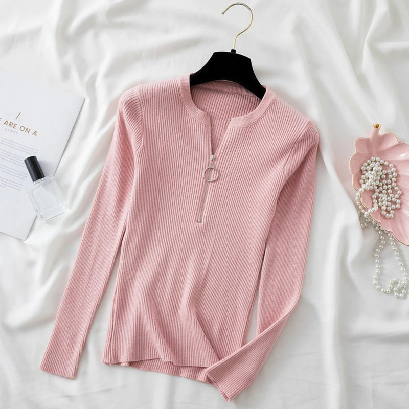 zipper winter clothes Knitted woman sweaters Pullovers Autumn Winter Basic women's jumper Slim women's sweater pull long sleeve