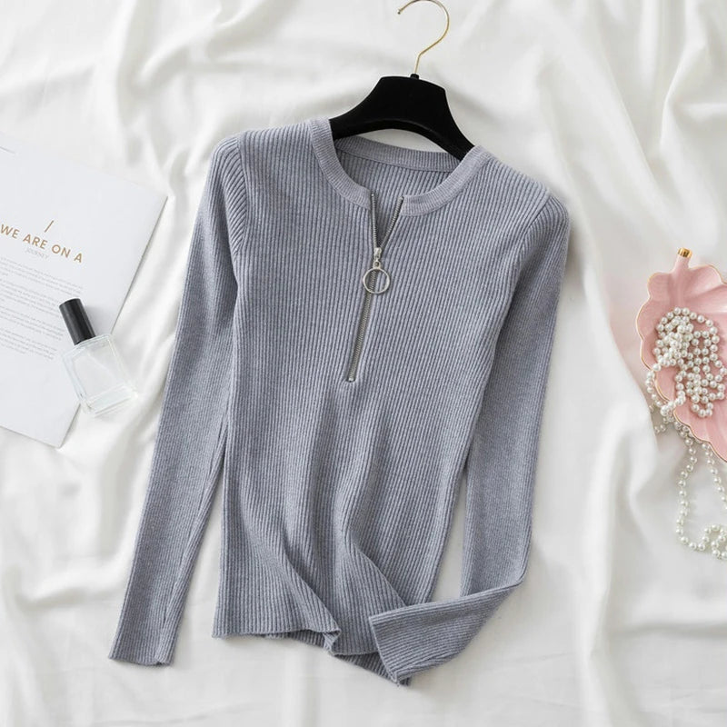zipper winter clothes Knitted woman sweaters Pullovers Autumn Winter Basic women's jumper Slim women's sweater pull long sleeve
