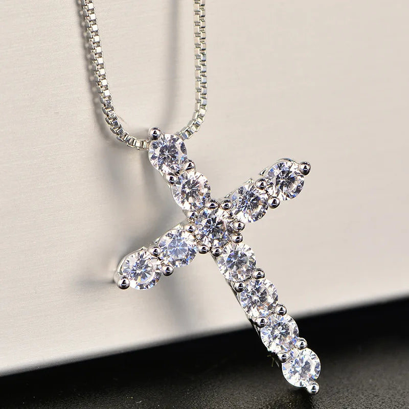 16-24inches 925 Sterling Silver Necklace Box chain Shiny crystal classic cross Pendant Fashion Jewelry Gifts