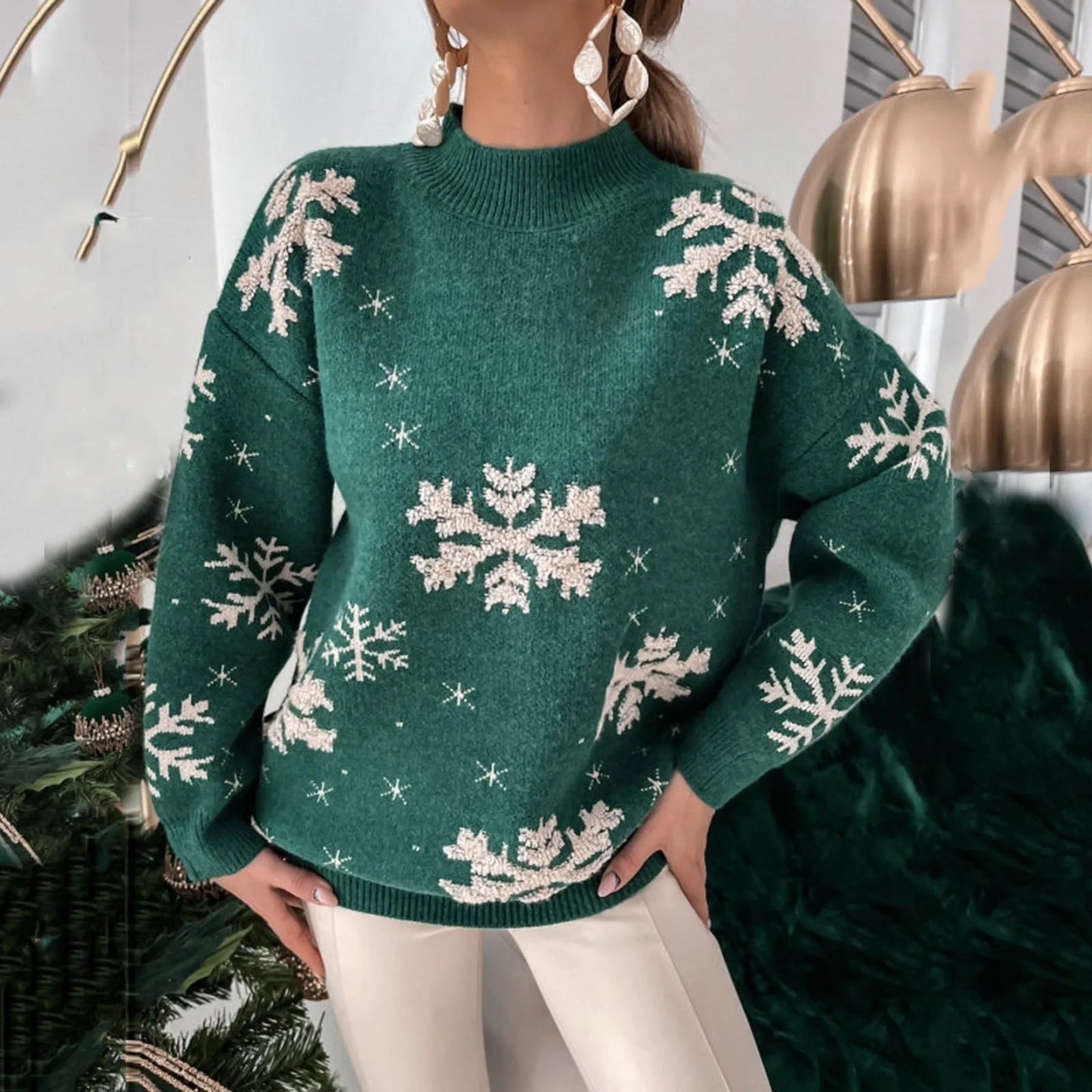 2024 New Year Christmas Red Women's Knitted Sweater Funny Christmas Snowflake Print Half High Neck Basic Xmas Party Sweaters