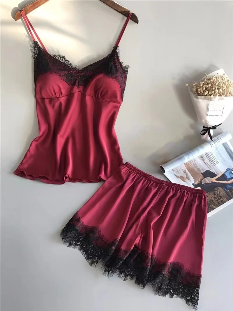 Women's Halter Pajamas 2 PCS Wear Red Black Sexy Lace S M Ventilate Comfort