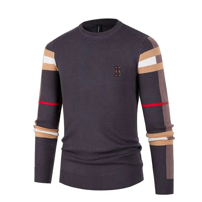 Men's Sweater Knitted Pullover Soft Warm Striped Checker Round Neck Casual Fashion