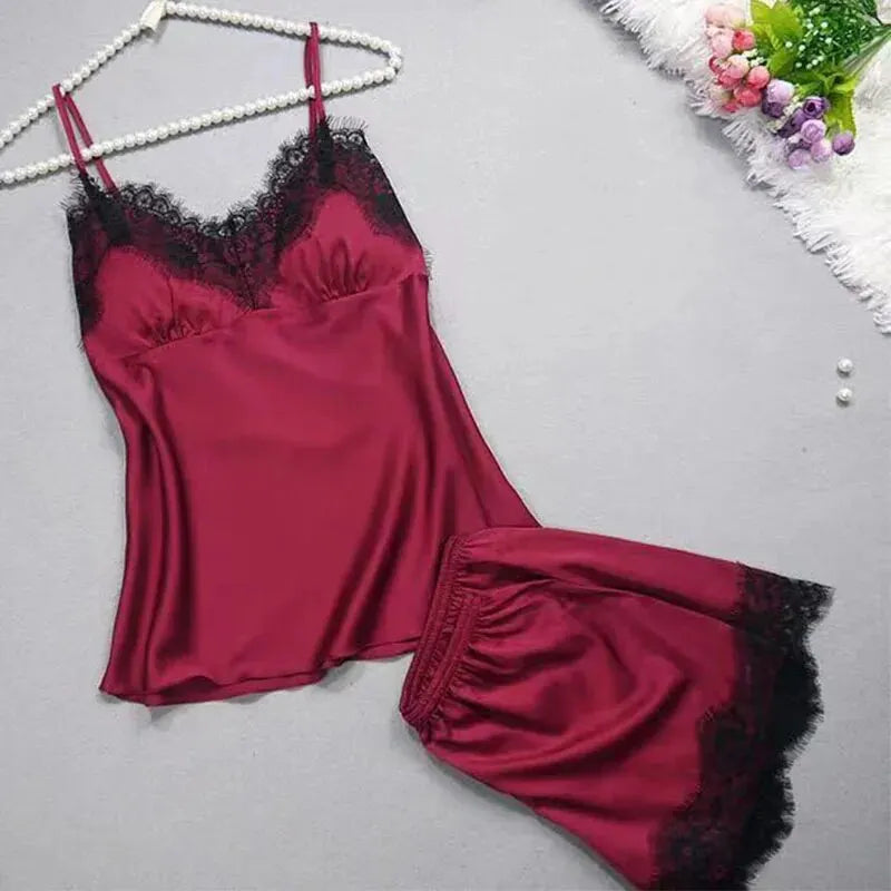 Women's Halter Pajamas 2 PCS Wear Red Black Sexy Lace S M Ventilate Comfort
