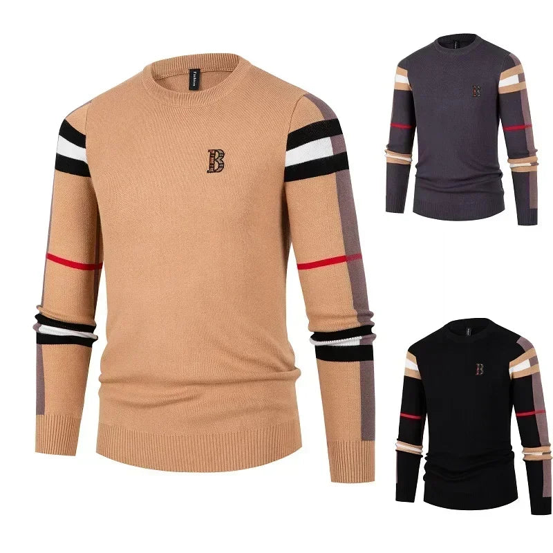 Men's Sweater Knitted Pullover Soft Warm Striped Checker Round Neck Casual Fashion
