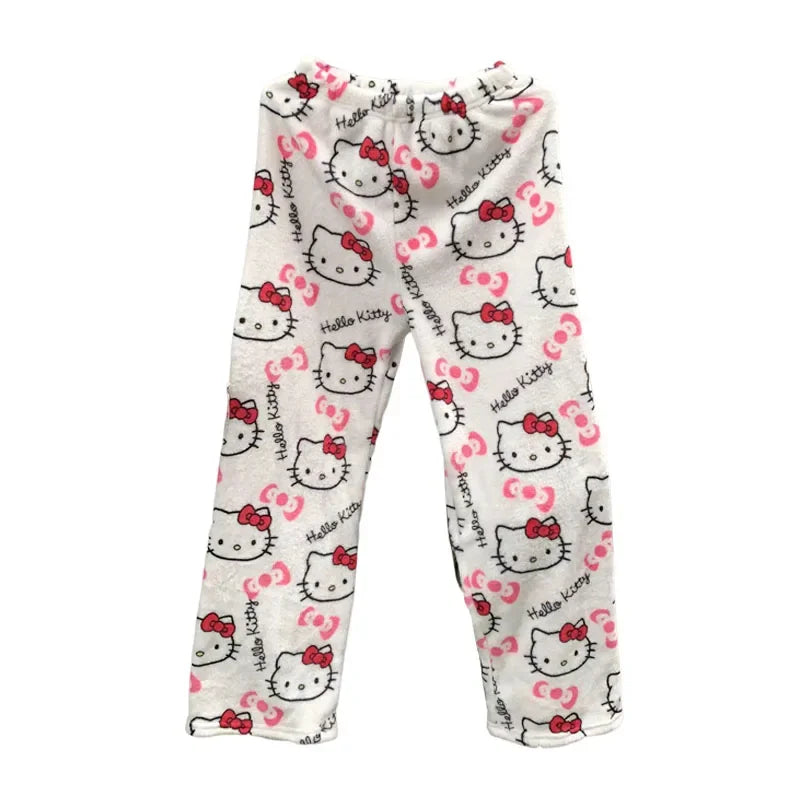 Thicken Hello Kitty Pajama Pants Sanrio Anime Fleece Double Elastic Fabric Soft Trousers Women Trousers Cartoon Birthday Gift