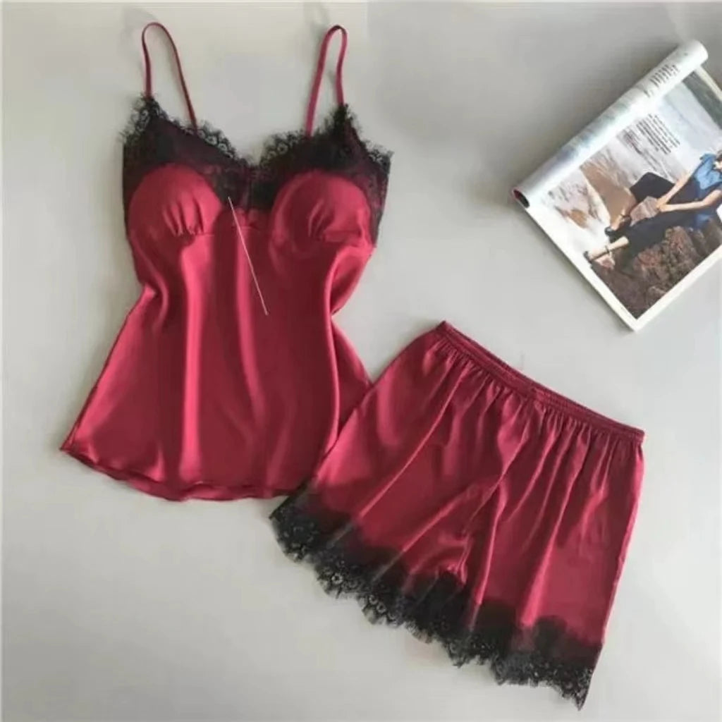 Women's Halter Pajamas 2 PCS Wear Red Black Sexy Lace S M Ventilate Comfort