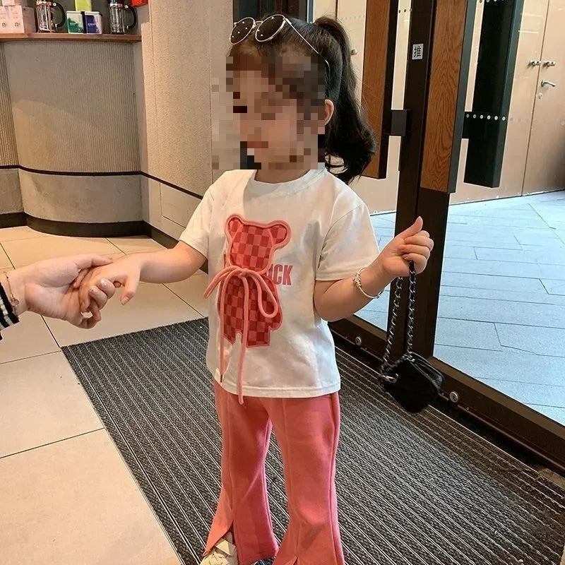 Toddler Kid Cartoon Bear Tshirt and Flared Pants Suit Short Sleeve Top Bottom T