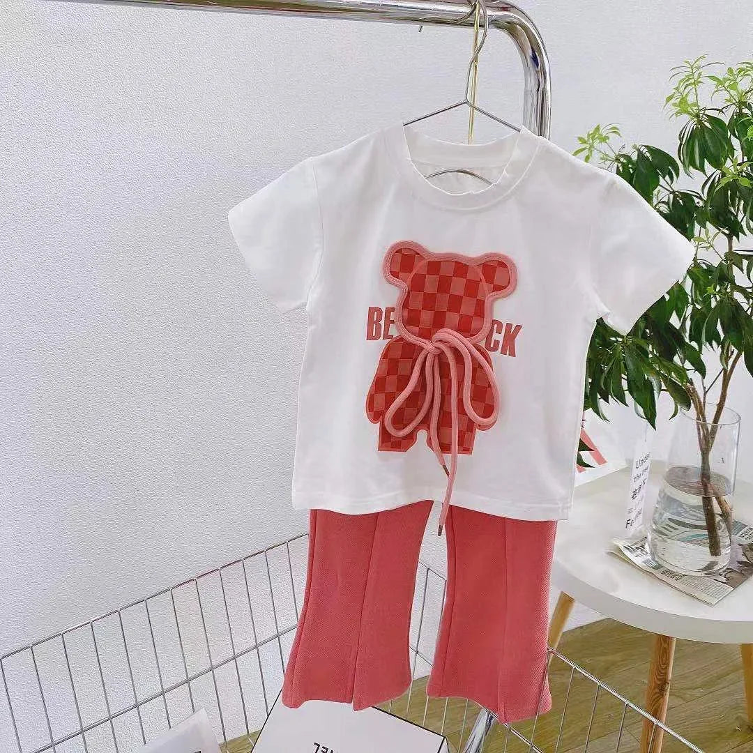 Toddler Kid Cartoon Bear Tshirt and Flared Pants Suit Short Sleeve Top Bottom T