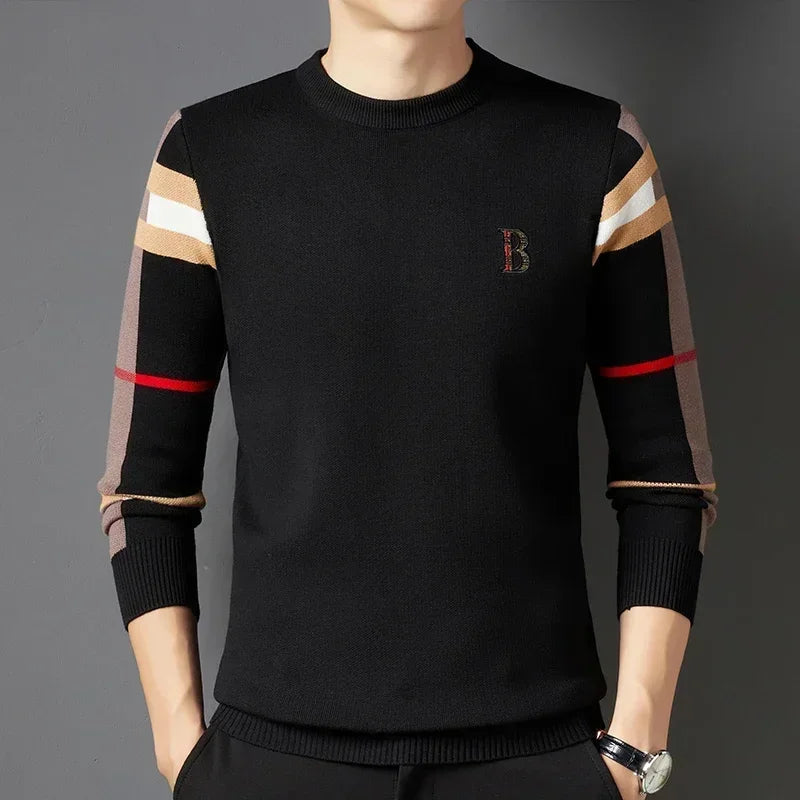 Men's Sweater Knitted Pullover Soft Warm Striped Checker Round Neck Casual Fashion