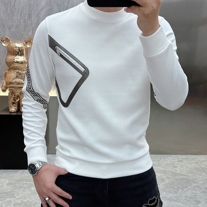 Long Sleeve O-neck T-Shirts Fashion Loose Autumn Winter Thin Solid Color Interior Lapping Simplicity Pullovers Men's Clothing