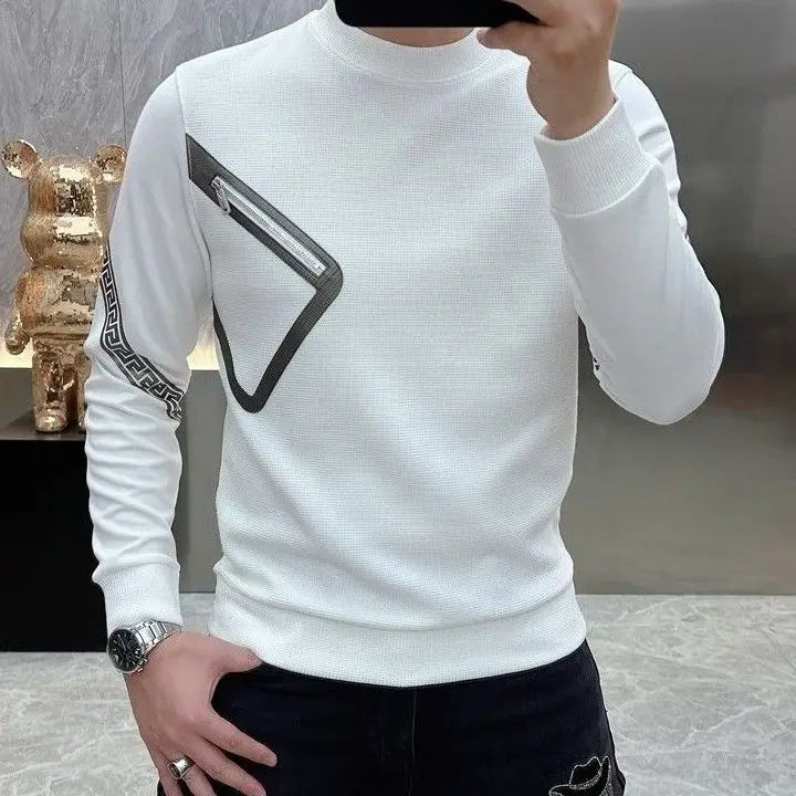 Long Sleeve O-neck T-Shirts Fashion Loose Autumn Winter Thin Solid Color Interior Lapping Simplicity Pullovers Men's Clothing