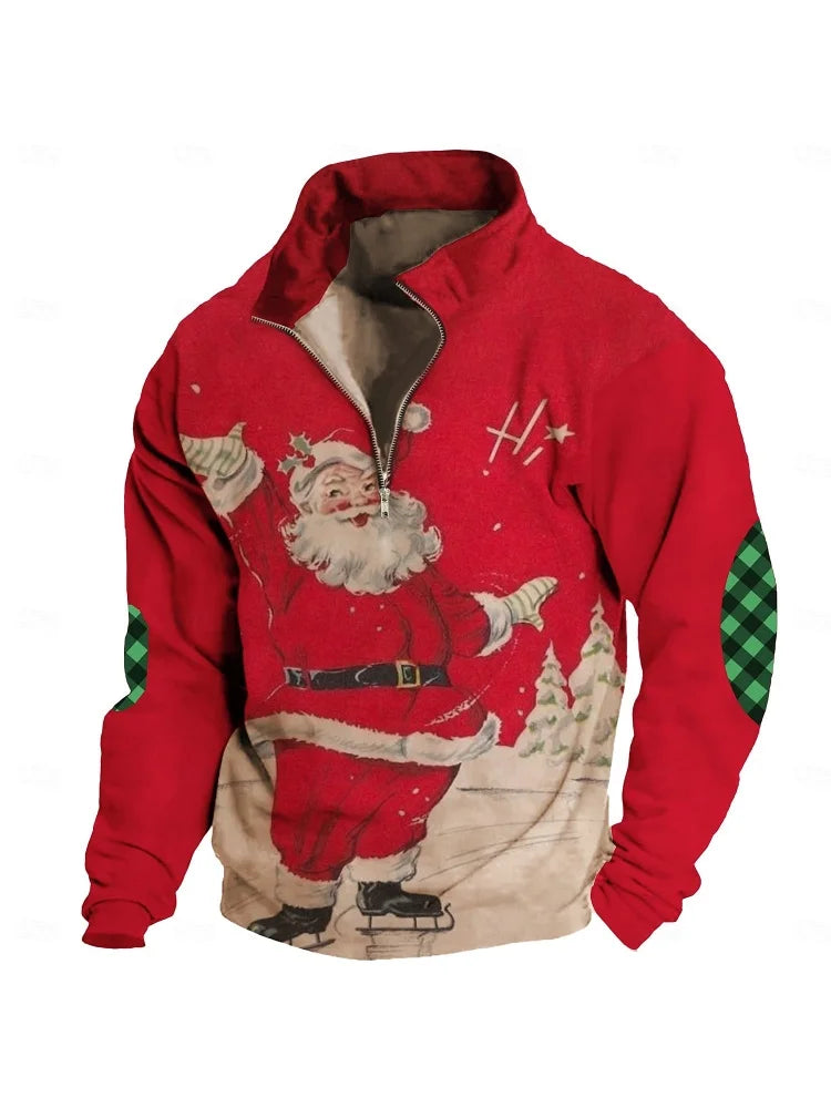2024 New Santa Claus 3D Printed Mens Half Zipper Long Sleeve Sweatshirt Autumn Christmas Clothing FashionStandup Collar LooseTop
