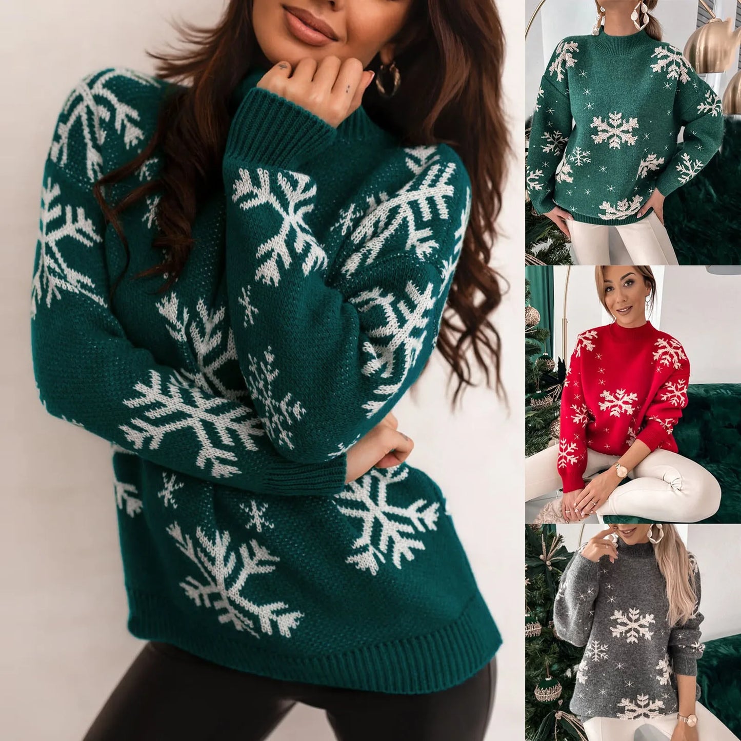 2024 New Year Christmas Red Women's Knitted Sweater Funny Christmas Snowflake Print Half High Neck Basic Xmas Party Sweaters