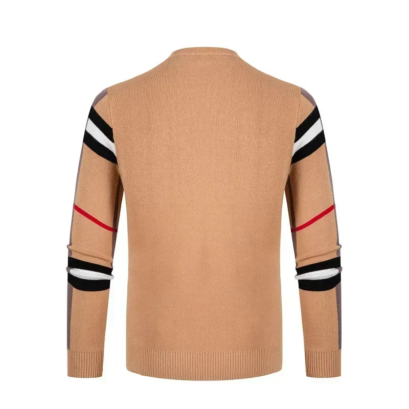 Men's Sweater Knitted Pullover Soft Warm Striped Checker Round Neck Casual Fashion