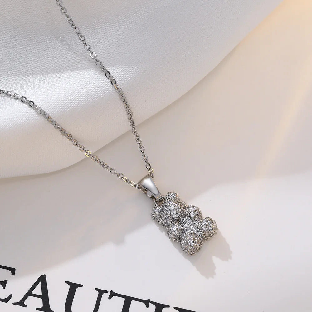 Stainless Steel Jewelry Chain Classic Shiny Zircon Bear Pendant Necklace for Women Lady Vintage Jewelry Accessories Gifts