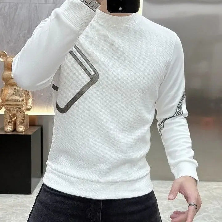 Long Sleeve O-neck T-Shirts Fashion Loose Autumn Winter Thin Solid Color Interior Lapping Simplicity Pullovers Men's Clothing