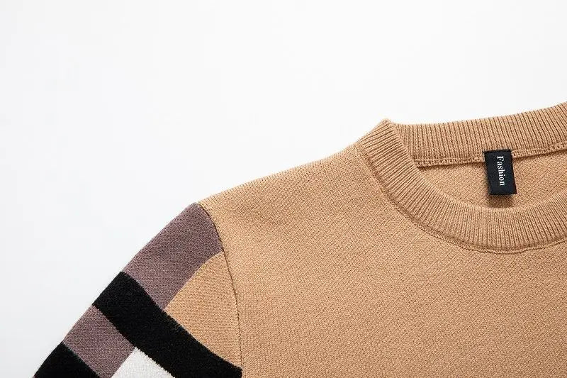 Men's Sweater Knitted Pullover Soft Warm Striped Checker Round Neck Casual Fashion