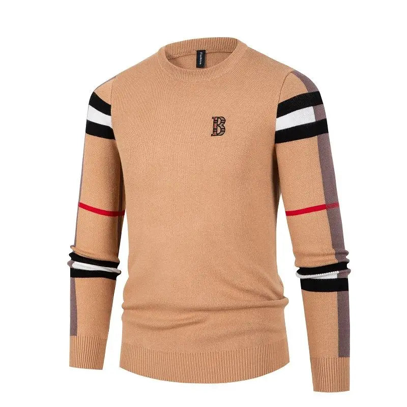 Men's Sweater Knitted Pullover Soft Warm Striped Checker Round Neck Casual Fashion
