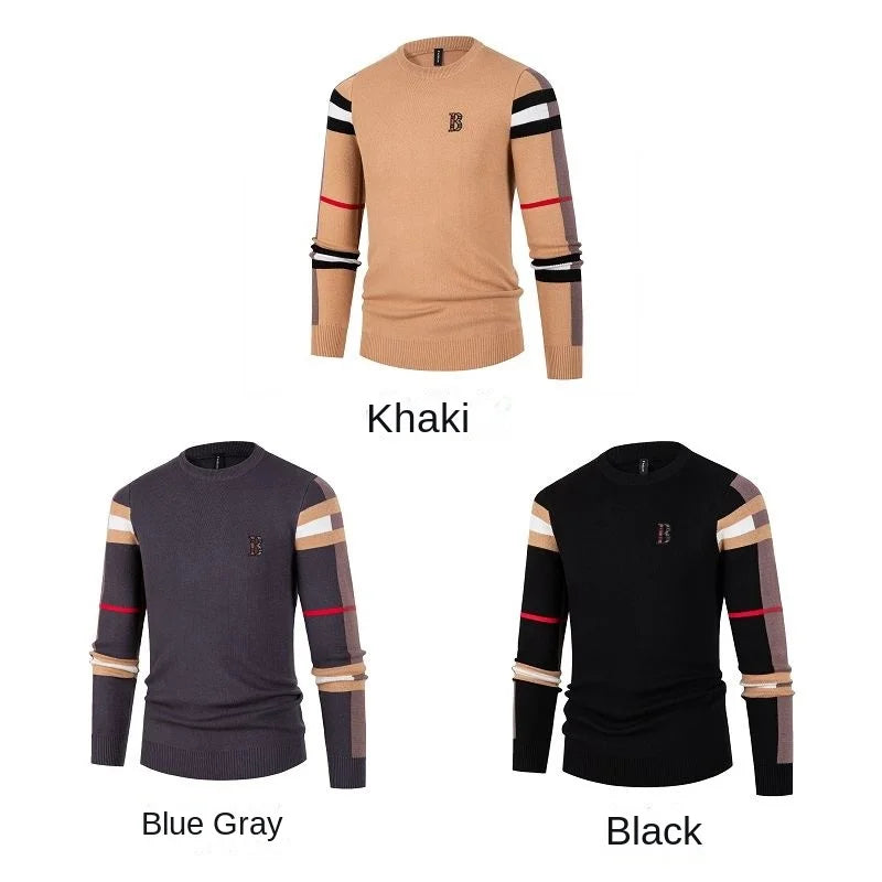 Men's Sweater Knitted Pullover Soft Warm Striped Checker Round Neck Casual Fashion