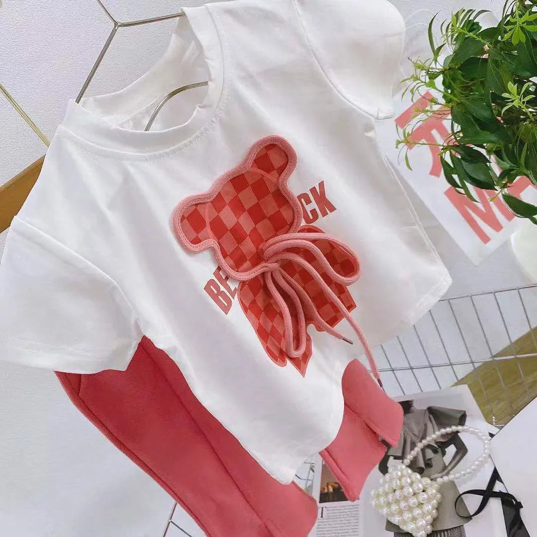 Toddler Kid Cartoon Bear Tshirt and Flared Pants Suit Short Sleeve Top Bottom T