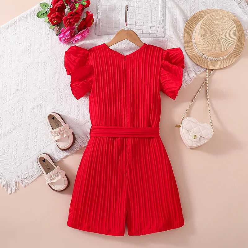 Fashion For 8-12Ys Kids Summer Sunsuit Outfit Red Sleeveless Vacation Playsuit