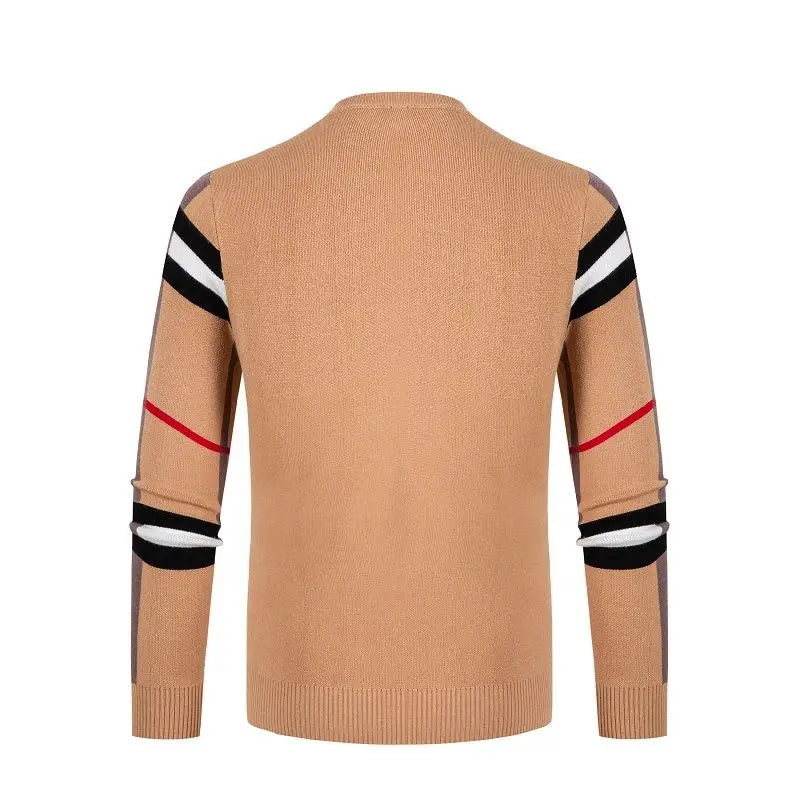 Men's Sweater Knitted Pullover Soft Warm Striped Checker Round Neck Casual Fashion