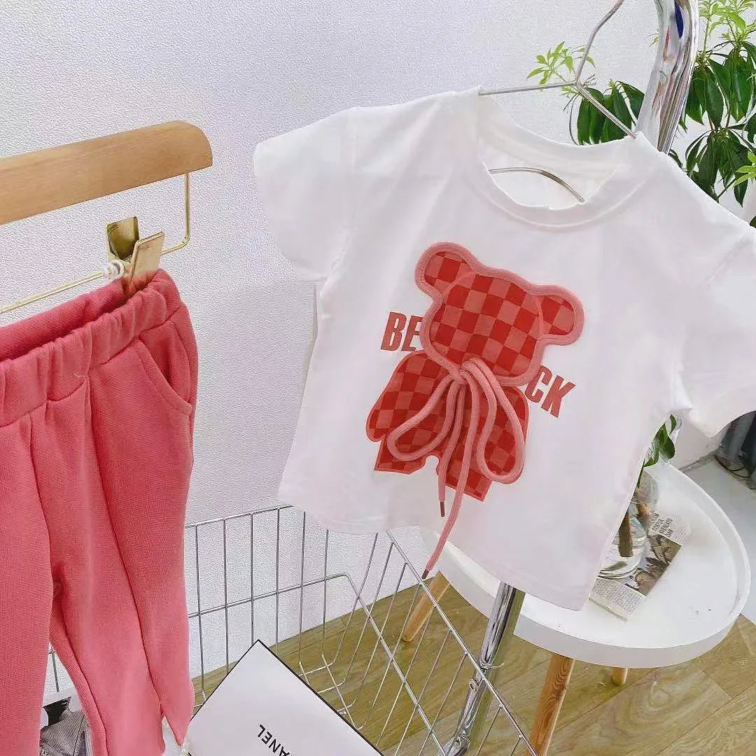 Toddler Kid Cartoon Bear Tshirt and Flared Pants Suit Short Sleeve Top Bottom T