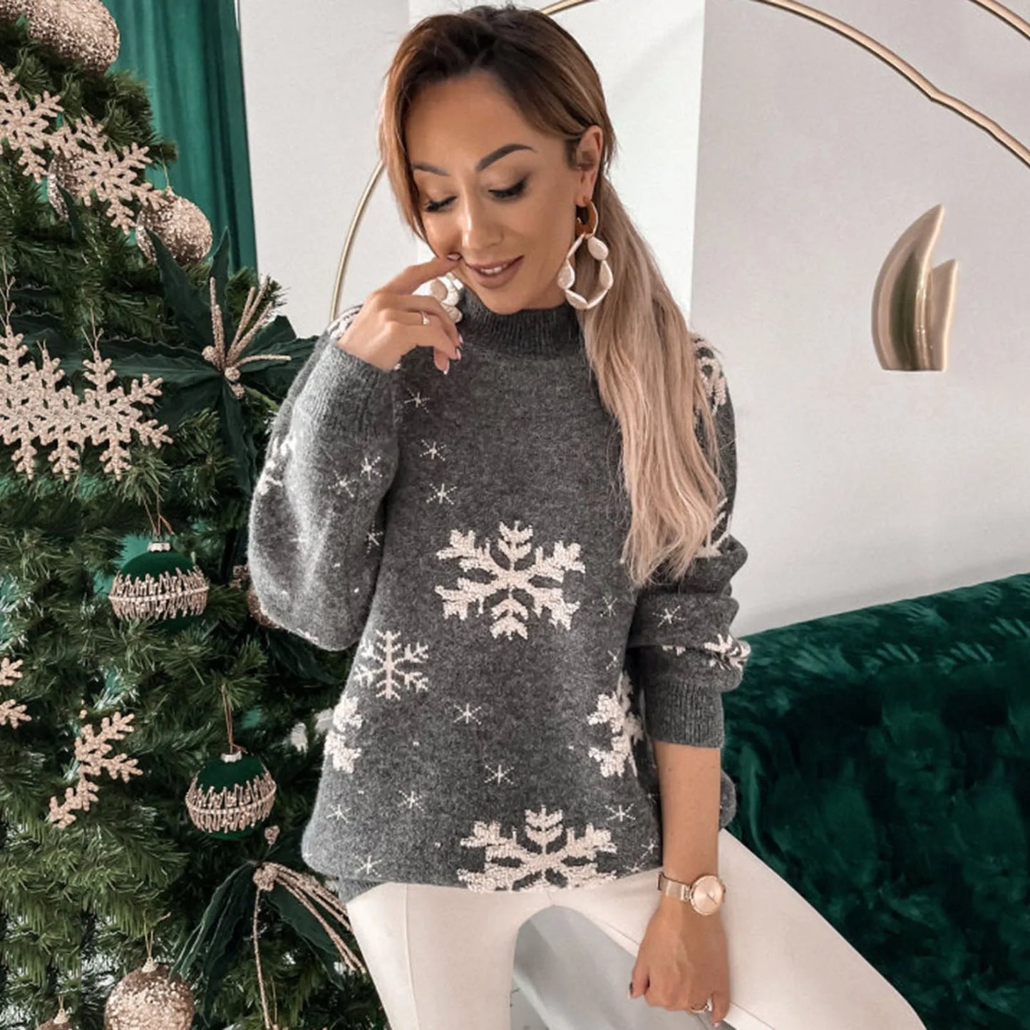 2024 New Year Christmas Red Women's Knitted Sweater Funny Christmas Snowflake Print Half High Neck Basic Xmas Party Sweaters
