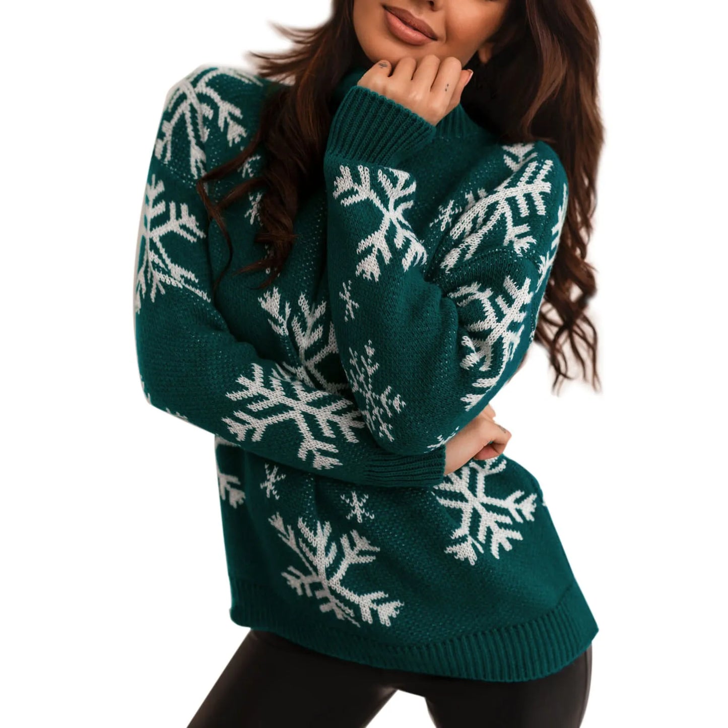 2024 New Year Christmas Red Women's Knitted Sweater Funny Christmas Snowflake Print Half High Neck Basic Xmas Party Sweaters