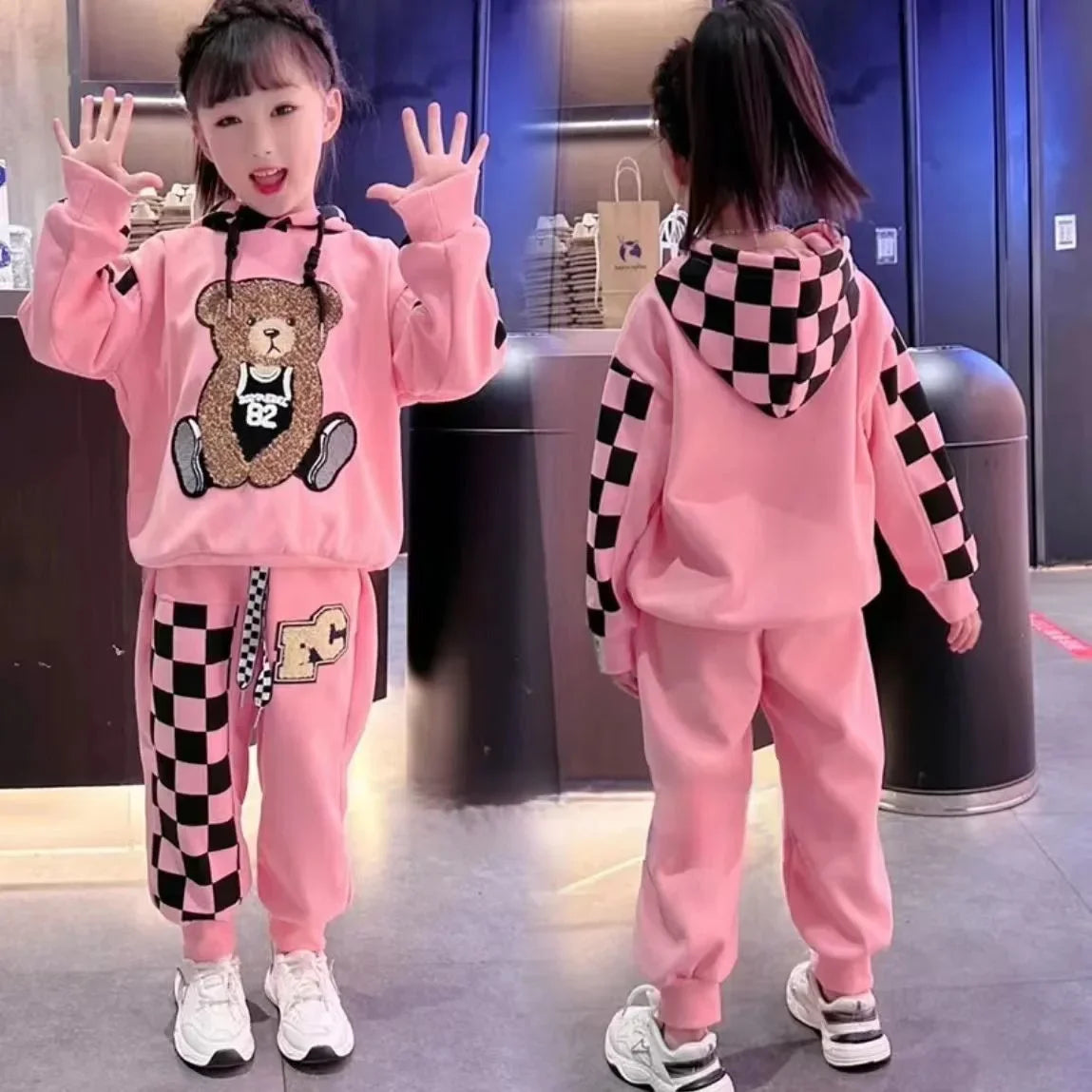 Girls Clothing Set Cartoon Bear Pattern Hoodies Sweatshirt+ Pants 2Pcs Outfit Suit For 2-8 Years Kids