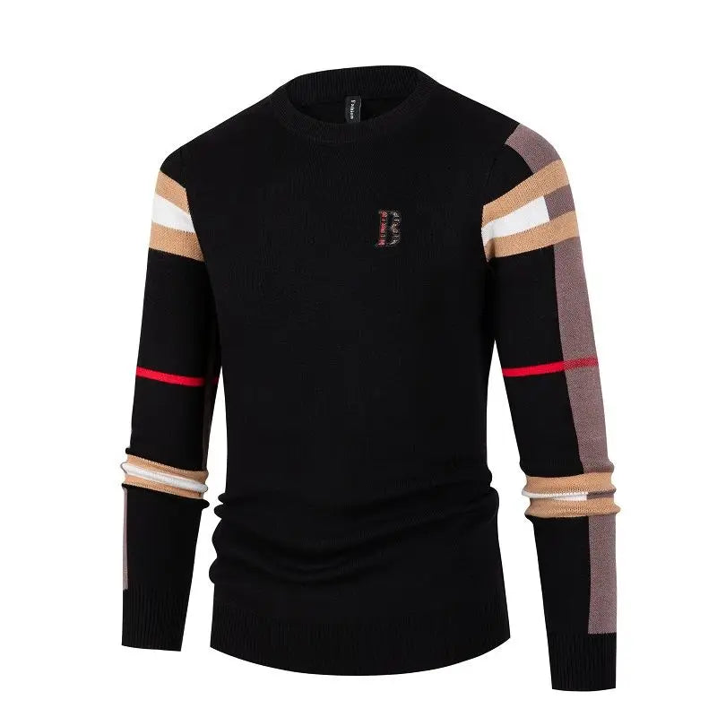 Men's Sweater Knitted Pullover Soft Warm Striped Checker Round Neck Casual Fashion