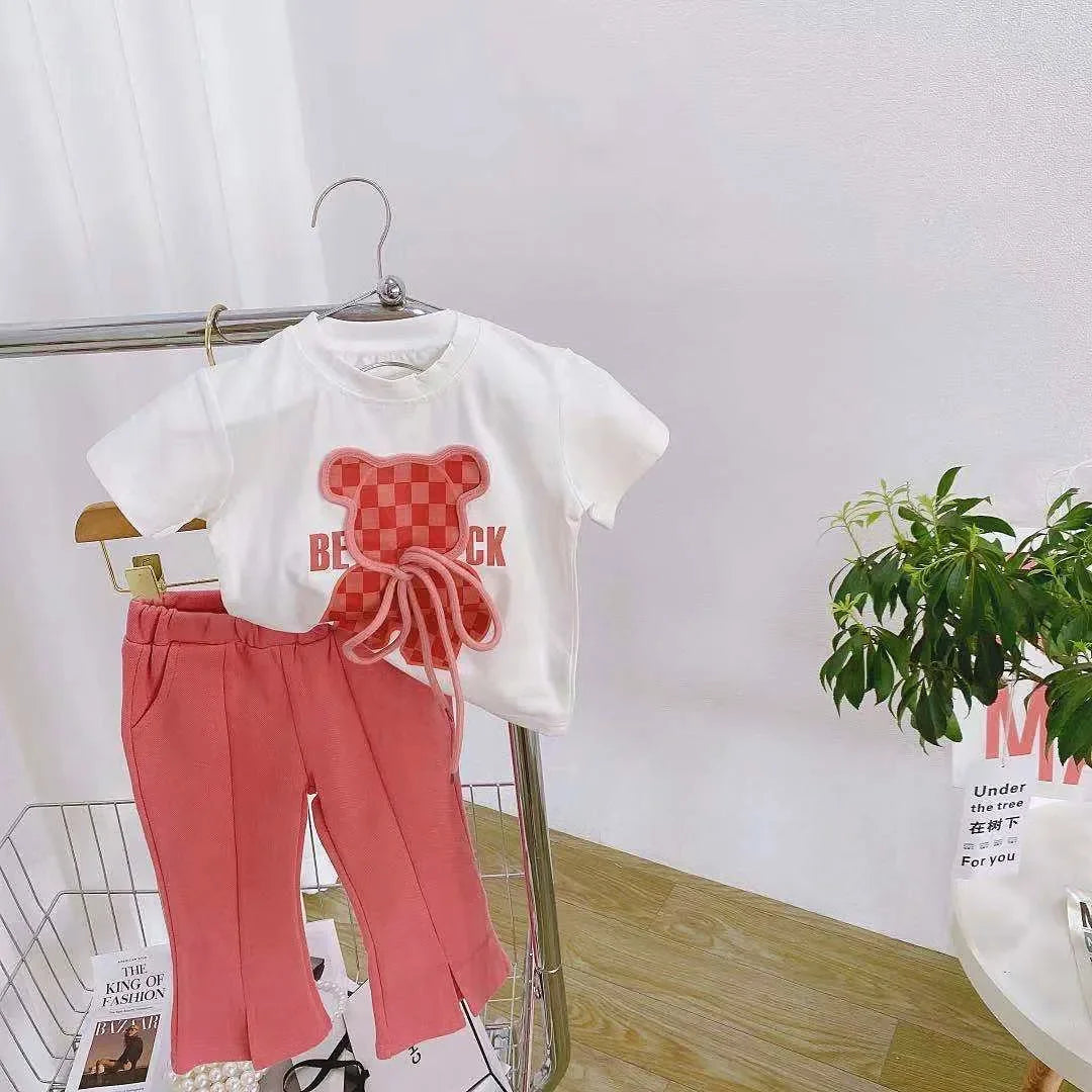 Toddler Kid Cartoon Bear Tshirt and Flared Pants Suit Short Sleeve Top Bottom T