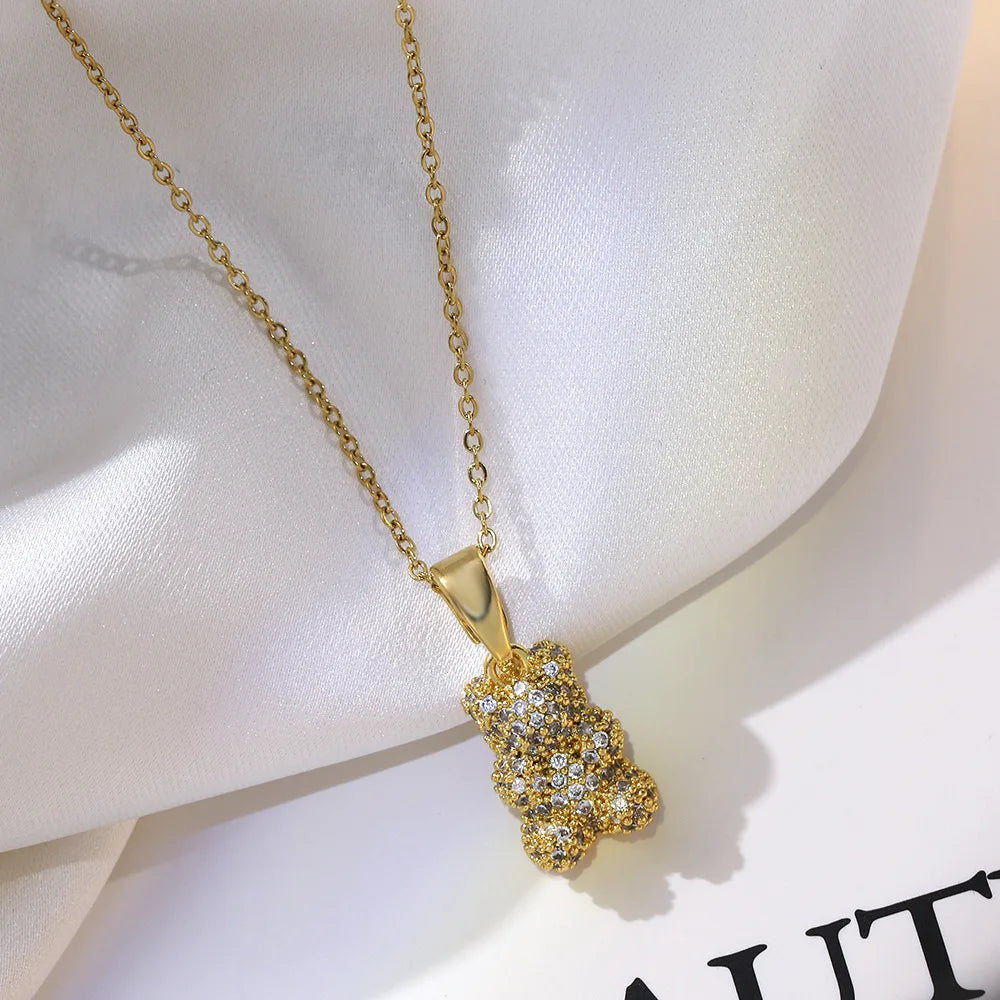 Stainless Steel Jewelry Chain Classic Shiny Zircon Bear Pendant Necklace for Women Lady Vintage Jewelry Accessories Gifts