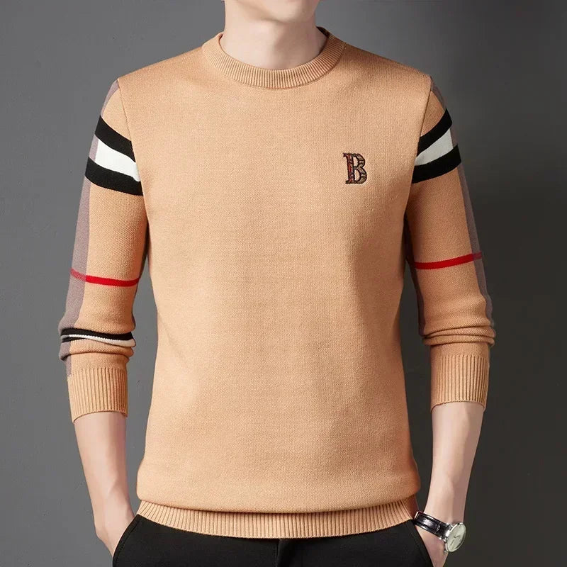 Men's Sweater Knitted Pullover Soft Warm Striped Checker Round Neck Casual Fashion
