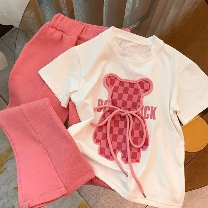 Toddler Kid Cartoon Bear Tshirt and Flared Pants Suit Short Sleeve Top Bottom T