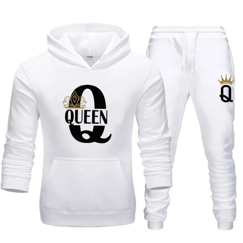 Winter Men's and Women's Sweater Set KING QUEEN Loose Relaxed Hooded Print Couple Set
