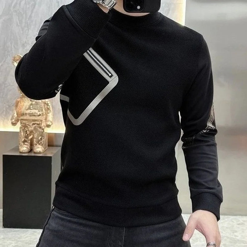 Long Sleeve O-neck T-Shirts Fashion Loose Autumn Winter Thin Solid Color Interior Lapping Simplicity Pullovers Men's Clothing