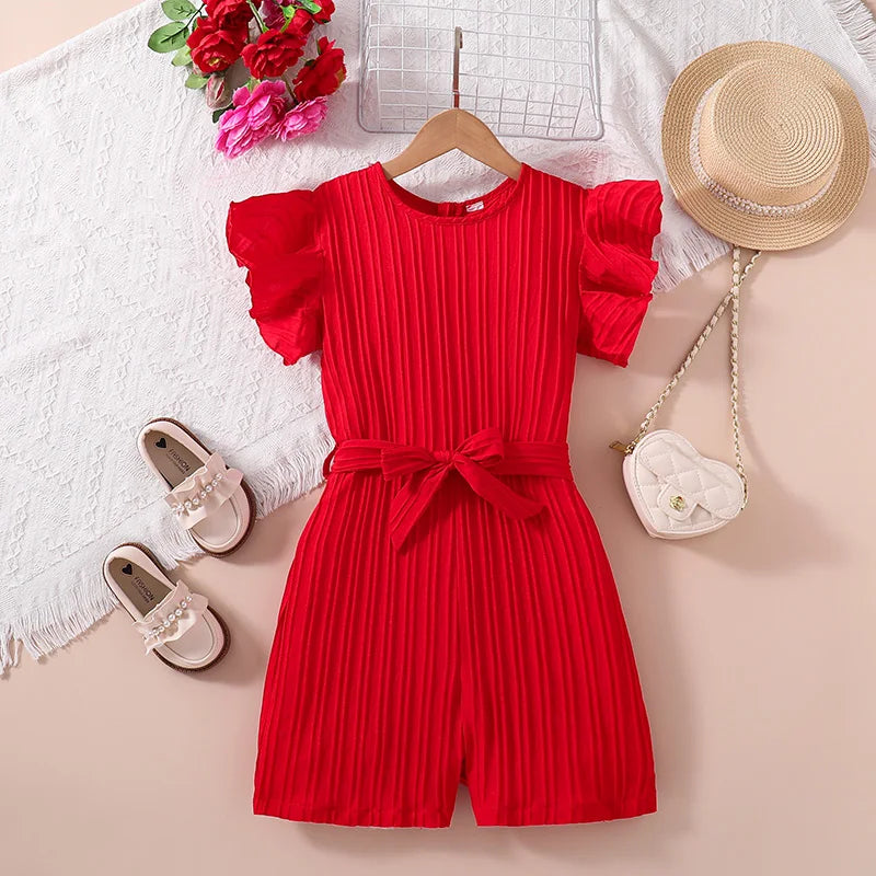 Fashion For 8-12Ys Kids Summer Sunsuit Outfit Red Sleeveless Vacation Playsuit