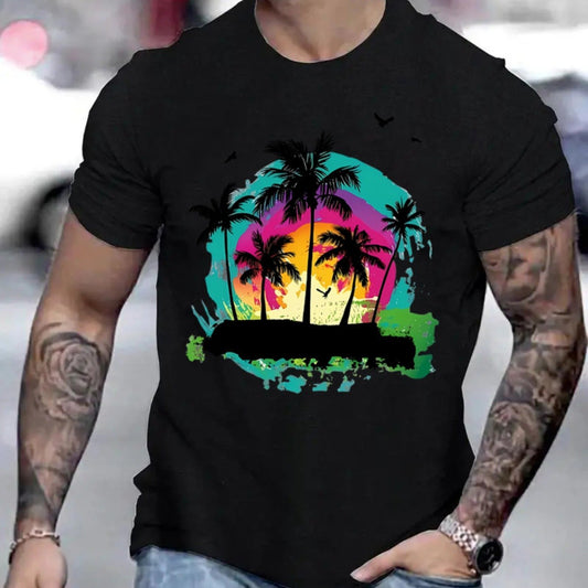 Tropical Pattern Printed T-shirt, Men's T-shirt, Summer Casual Short Sleeved T-shirt