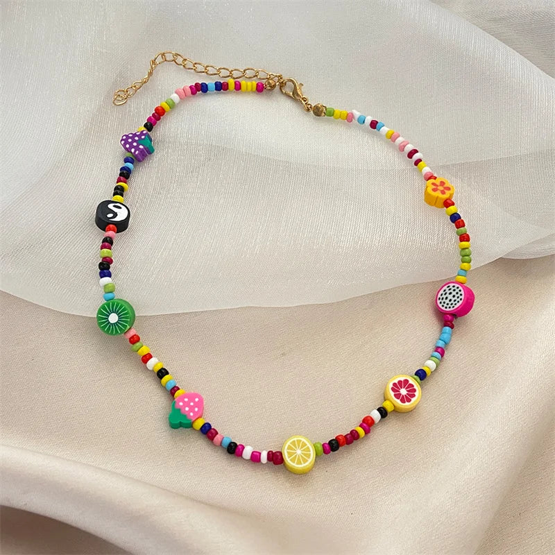 Candy Colorful Bead Necklace 2021 New Trend Pearl Chain Women Gift Tai Chi Flower Fruit Pendant Jewelry Party Creative Choker