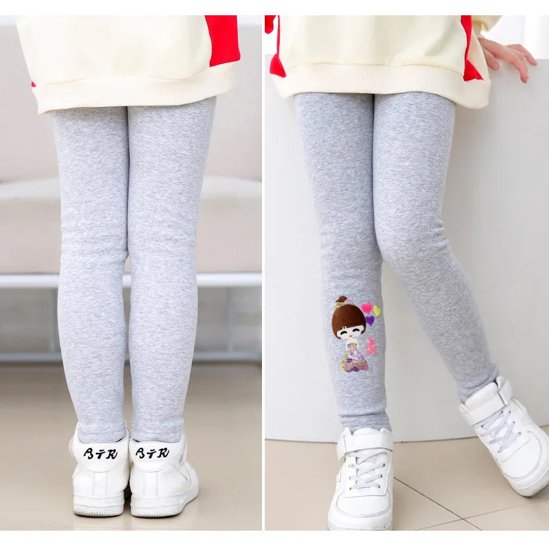 Winter Thick Warm Pants For Grils 3-10T Cartoon Pattern Trousers Baby Skinny Leggings With Fleece Warm Elastic Waist Trousers