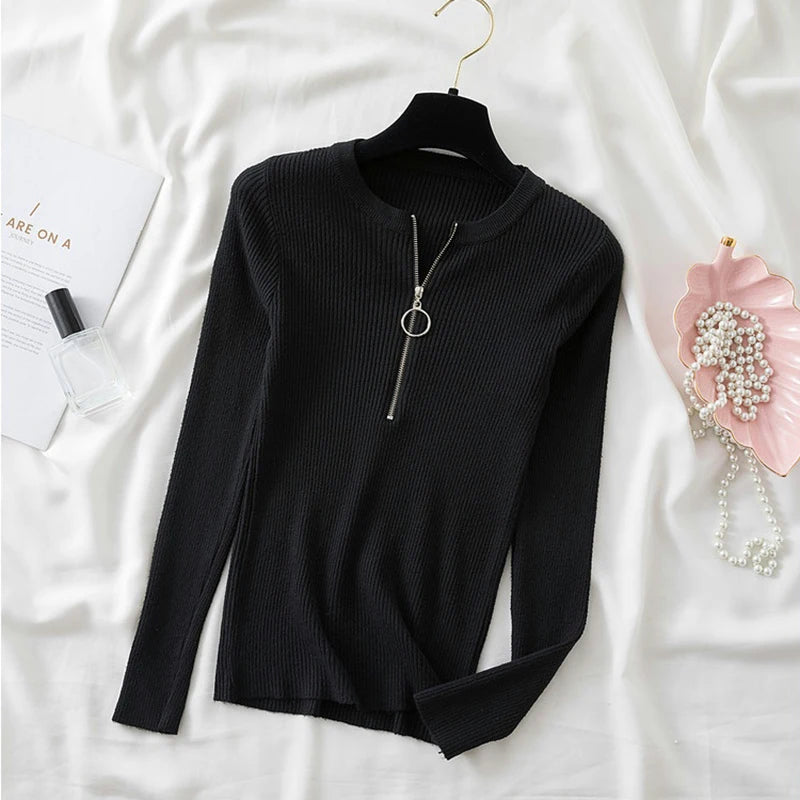 zipper winter clothes Knitted woman sweaters Pullovers Autumn Winter Basic women's jumper Slim women's sweater pull long sleeve