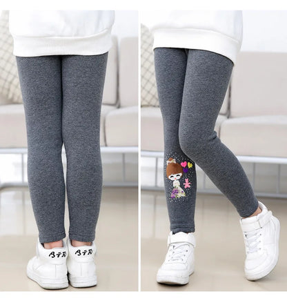 Winter Thick Warm Pants For Grils 3-10T Cartoon Pattern Trousers Baby Skinny Leggings With Fleece Warm Elastic Waist Trousers