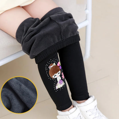 Winter Thick Warm Pants For Grils 3-10T Cartoon Pattern Trousers Baby Skinny Leggings With Fleece Warm Elastic Waist Trousers