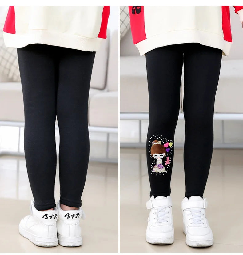 Winter Thick Warm Pants For Grils 3-10T Cartoon Pattern Trousers Baby Skinny Leggings With Fleece Warm Elastic Waist Trousers