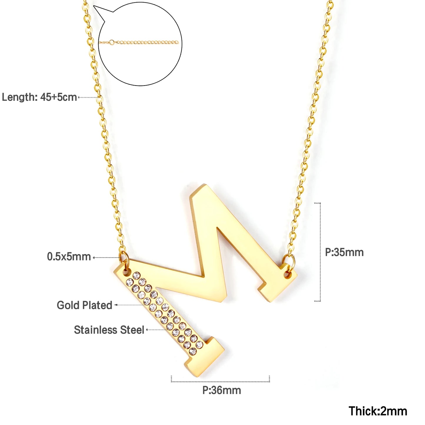 LUXUSSTEL CZ Letter M Pendant Necklace Trendy Style Gold Color High Quality Stainless Steel 26 Initial Collars  Chains