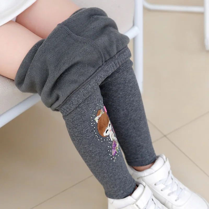 Winter Thick Warm Pants For Grils 3-10T Cartoon Pattern Trousers Baby Skinny Leggings With Fleece Warm Elastic Waist Trousers