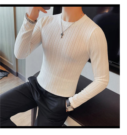 Spring Autumn Men's O-Neck Casual T-Shirts Fashion Slim Fit Long Sleeve Solid Color Tees Tops Men Elastic Stripe Pullover Tshirt