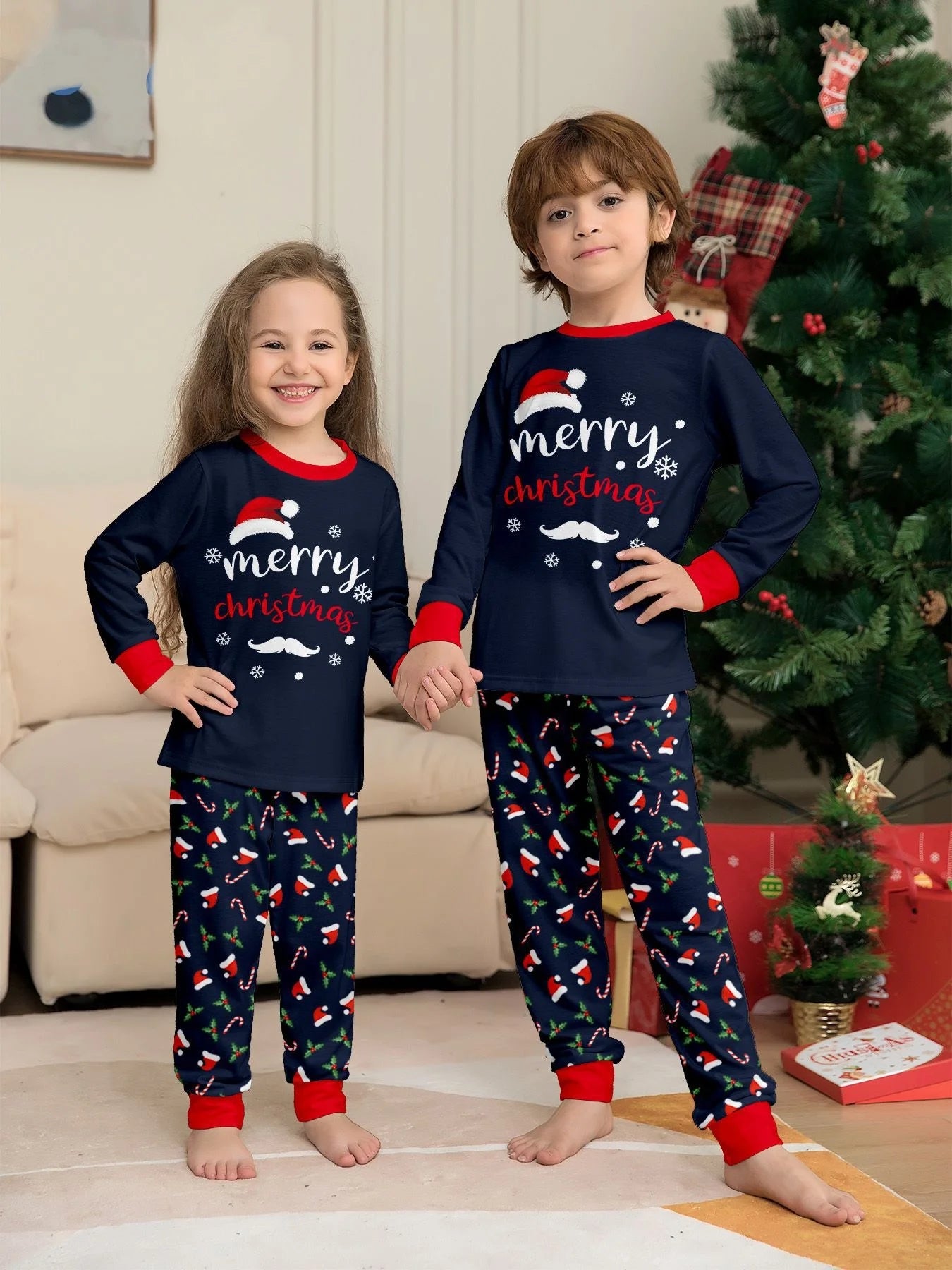 Christmas Family Matching Outfits Mother Father Kids Pajamas Set Santa Hat Print