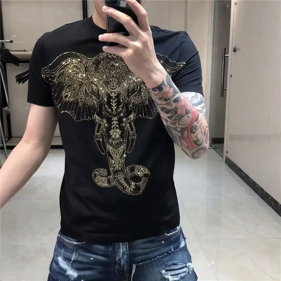 S-6XL Streetwear Men Diamonds Summer Mens Rhinestones   anime Graphic  T Shirt Male  Fashion  cotton Tees Casual   Tops